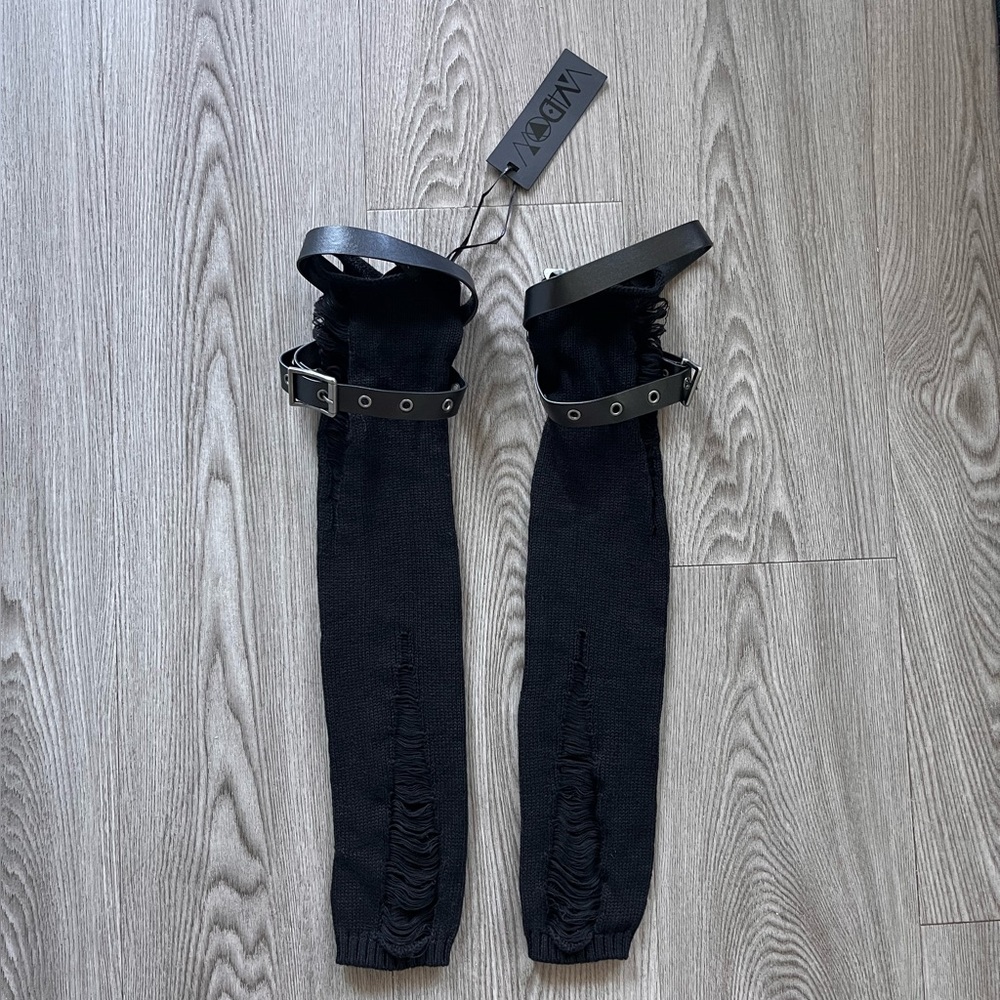 WIDOW Hex it Up Knit Buckle Strap Arm Warmers Distressed Goth
